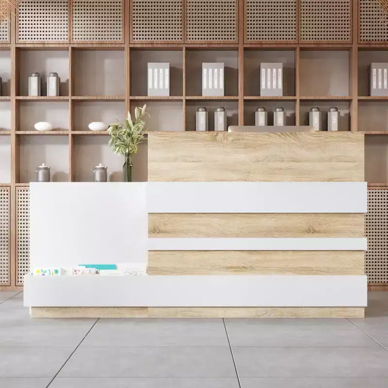 Hitow Modern Wood-Grain Cash Register & Reception Desk:Storage + Cable Management  Stylish Welcome Station