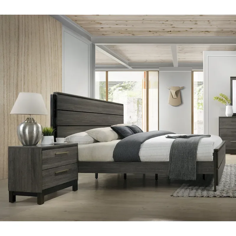 Roundhill Furniture Ioana Antique Grey Finish 3-Piece Wood Bed Room Set, Panel Bed and Two Nightstands