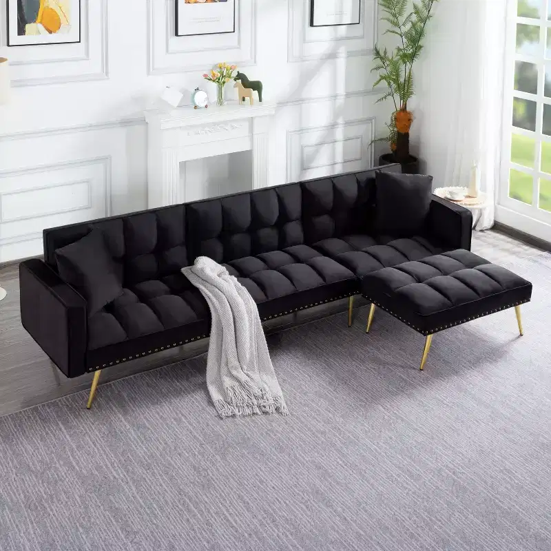 107 Inch Sofa Bed Convertible Sturdy Faux Wood Frame, 5 Recline Positions, Modern Style with Gold Legs