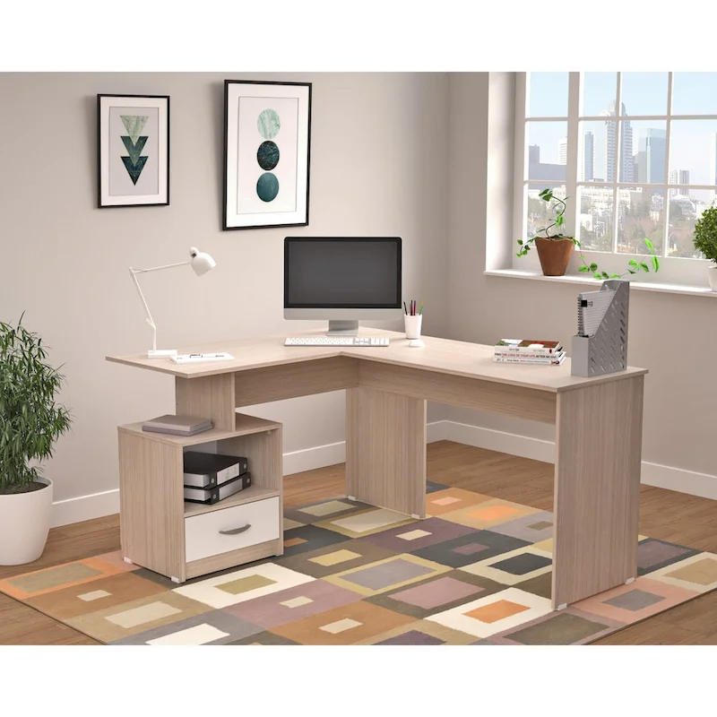 L-Shape Computer Desk with Cubby, Maple-White