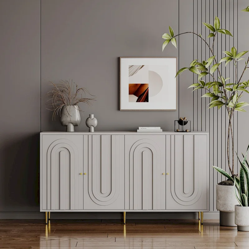 Modern Gray Lacquered 4 Door Wooden Cabinet Sideboard Buffet Server Cabinet