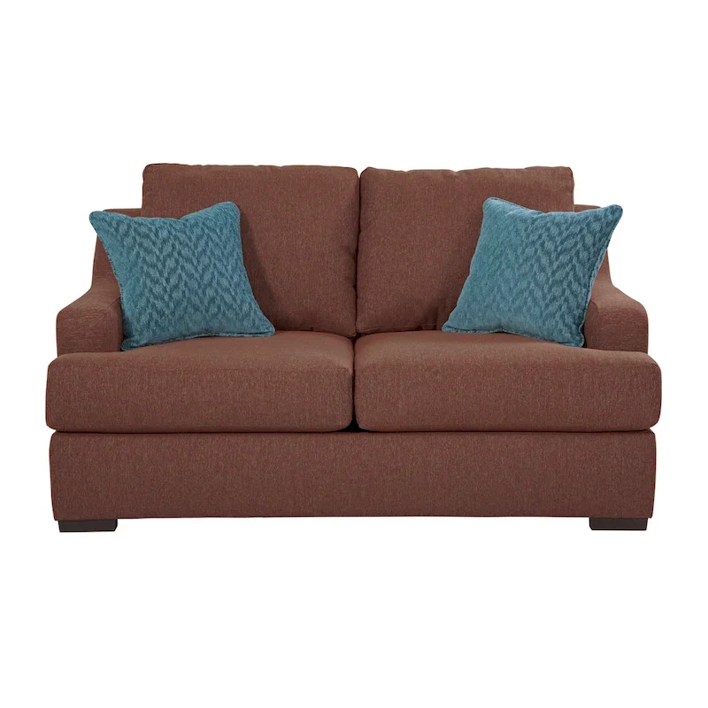 Brown Fabric Transitional Loveseat with Teal Accent Pillows