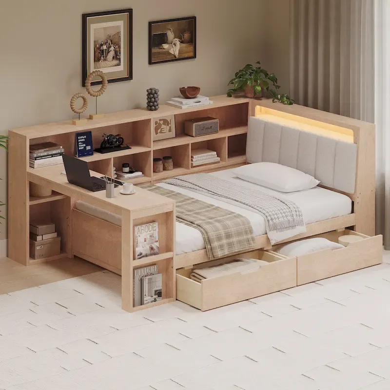 L-shaped Wooden Sofa Daybed with Desk, Bookcase Cabinet, Corner Bed with Under-bed Drawers, Upholstered Headboard Built-in Light