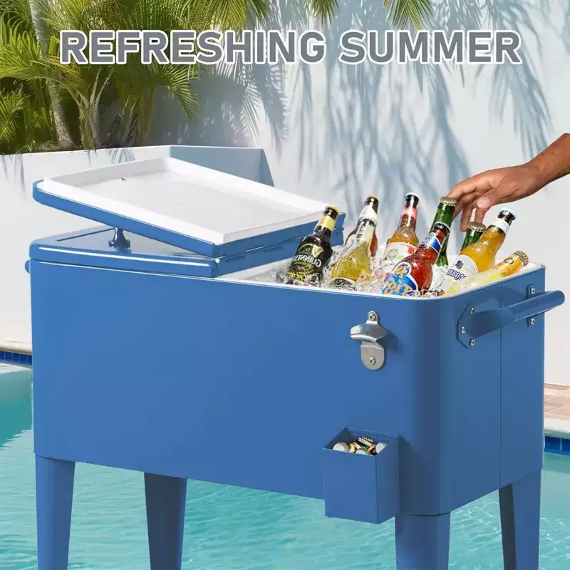 NAYSAYE 80 Quart Rolling Ice Chest Portable Bar Drink Cooler with Catch Basin, Bottom Storage Tray for Patio Party BBQ Beach, Blue, 34.3*15.2*35.8