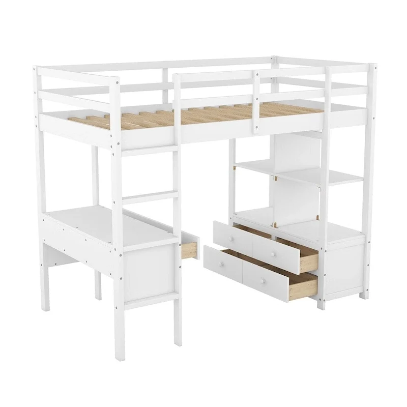 Merax Loft Bed with Built-in Desk, Storage Shelves and Drawers