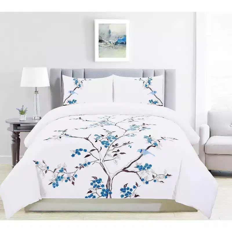 Modern Embroidered Cherry Blossom Floral Cotton Duvet Cover and Pillow Sham Set - Blue Nile Mills