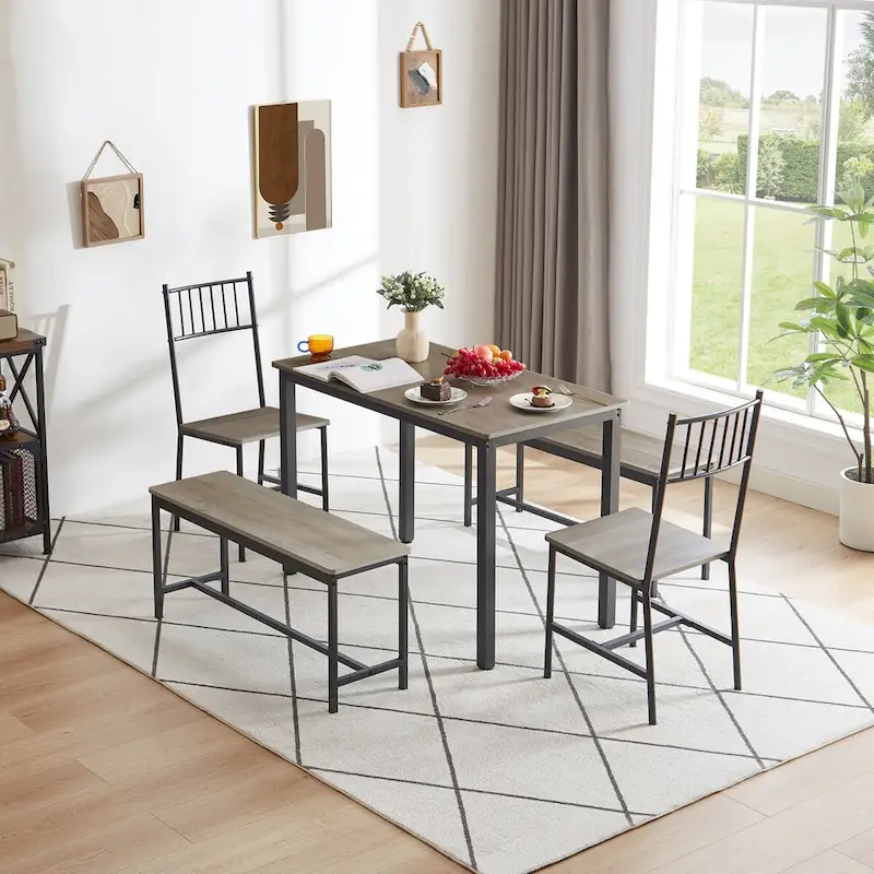 Dining Table Set, Barstool Dining Table with 2 Benches 2 Back Chairs, Industrial Dining Table for Kitchen Breakfast, Living Room
