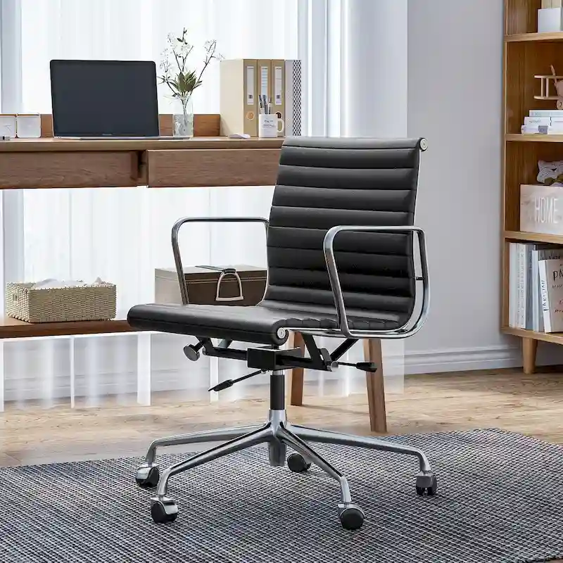 Low Back Genuine Leather Ergonomic Computer Ribbed Office Chair - N/A