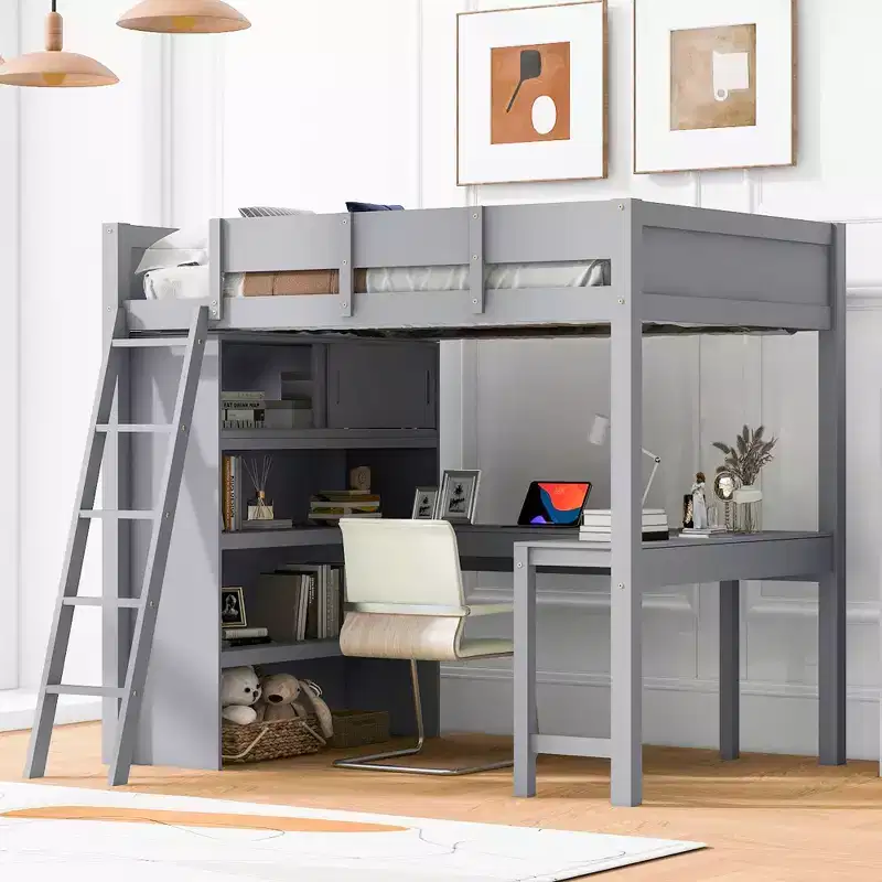 78L x 57.6W Morden Design Full Size Loft Bed with Desk and Shelf, Stable and Safety