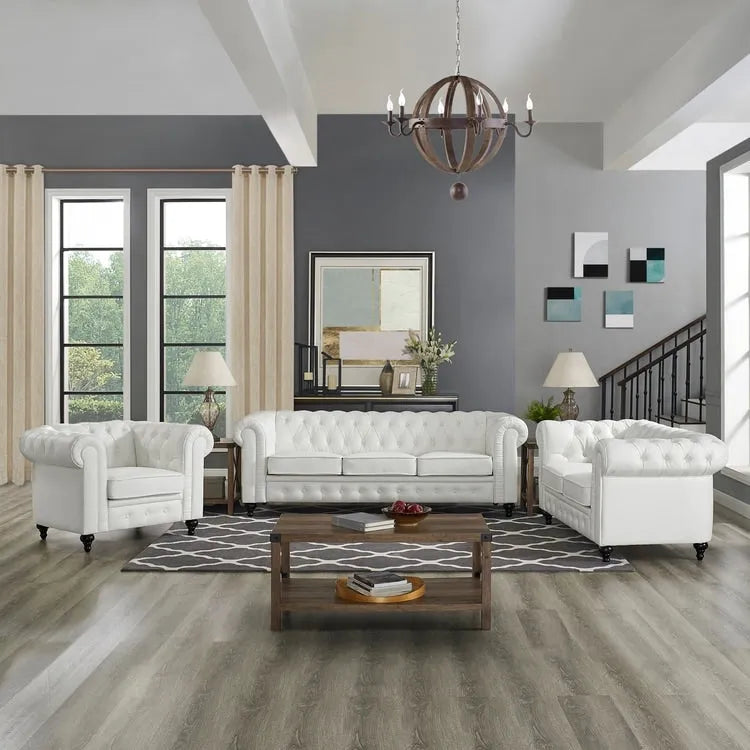 Chesterfield 3 Piece Living Room Sectional Sofa Set with Rolled Arms Button Tufted Cushion Sofa Loveseat for Living Room