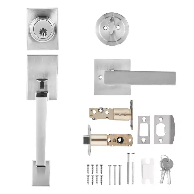 VEVOR Front Door Handle and Deadbolt Set, Square Entry Handle Set with Lever, Single Cylinder, Adjustable Hole Space, Silver