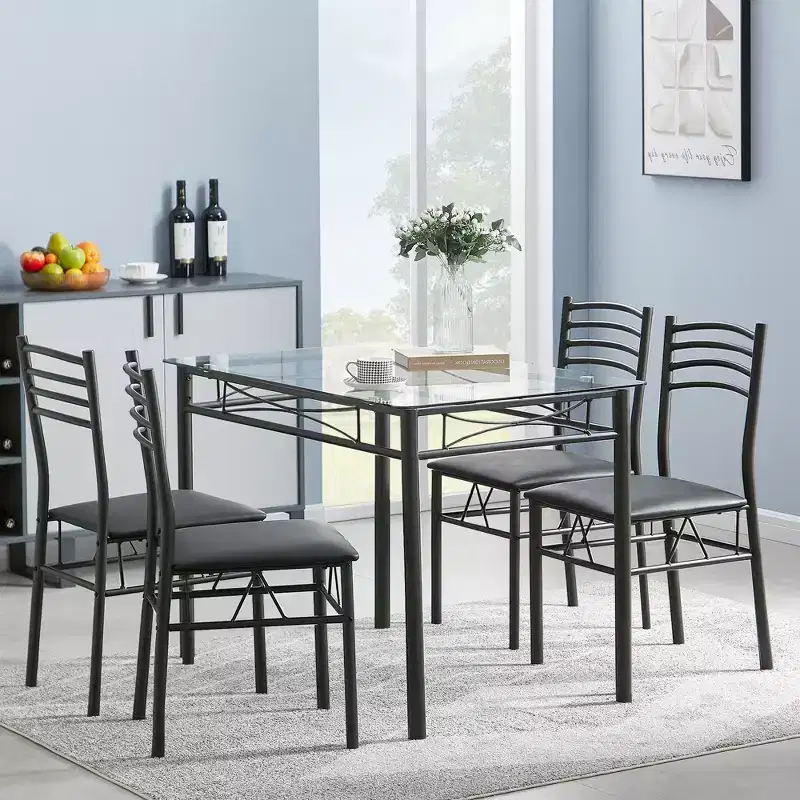 VECELO 5 Piece Dining Table Set with Glass Top Table & 4 Upholstered Chairs, Kitchen Rectangular Table Set Brown/Black
