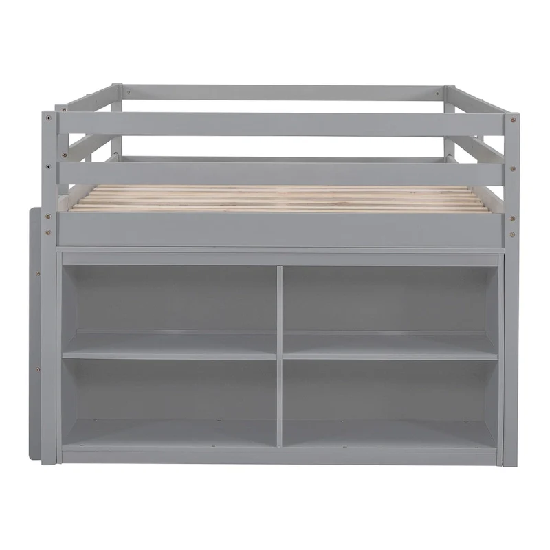 Gray Full Size Solid Wood Loft Bed with Retractable Desk, Drawers and Shelves