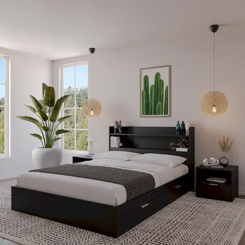 Black Wood Platform Bed with Bookcase Headboard and Storage Drawers