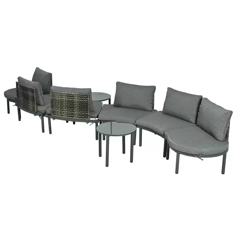 MAYEERTY 8 Pieces Patio Sofa Furniture Set, Half Moon Outdoor Sectional Sofa with 2 High-Low Coffee Tables 6 Pillows & Cushions Gray