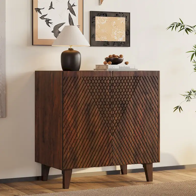 Fluted Mango Wood Accent Cabinet Two-Door Honey Storage Sideboard