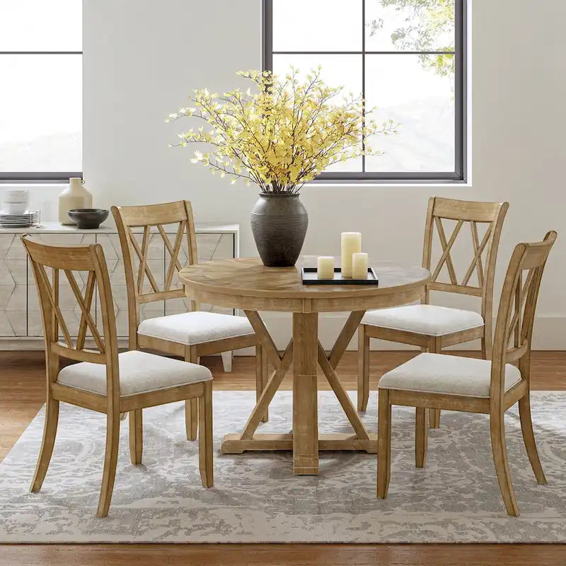 Nuria Farmhouse 5-Piece Round Natural Dining Set with 4 Chairs and Round Table by HULALA HOME
