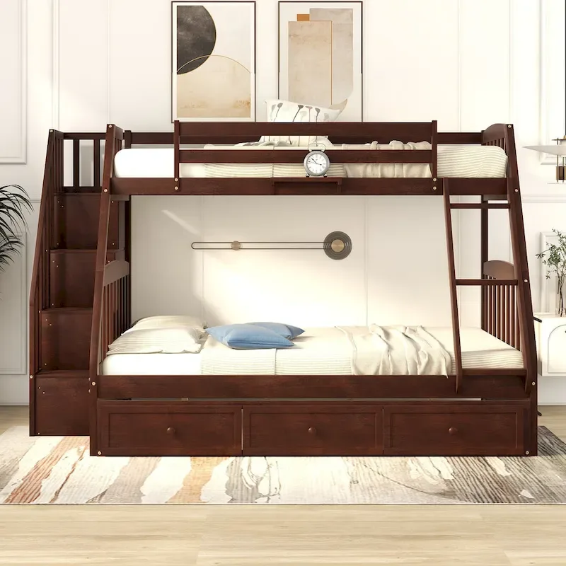 Twin-Over-Full Bunk Bed with Storage Drawers and Staircase