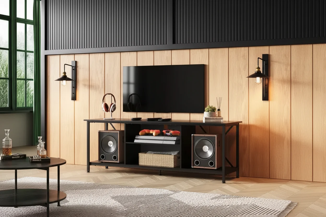 Rustic Industrial TV Stand for 55"-65" TVs with Storage & Cable Management