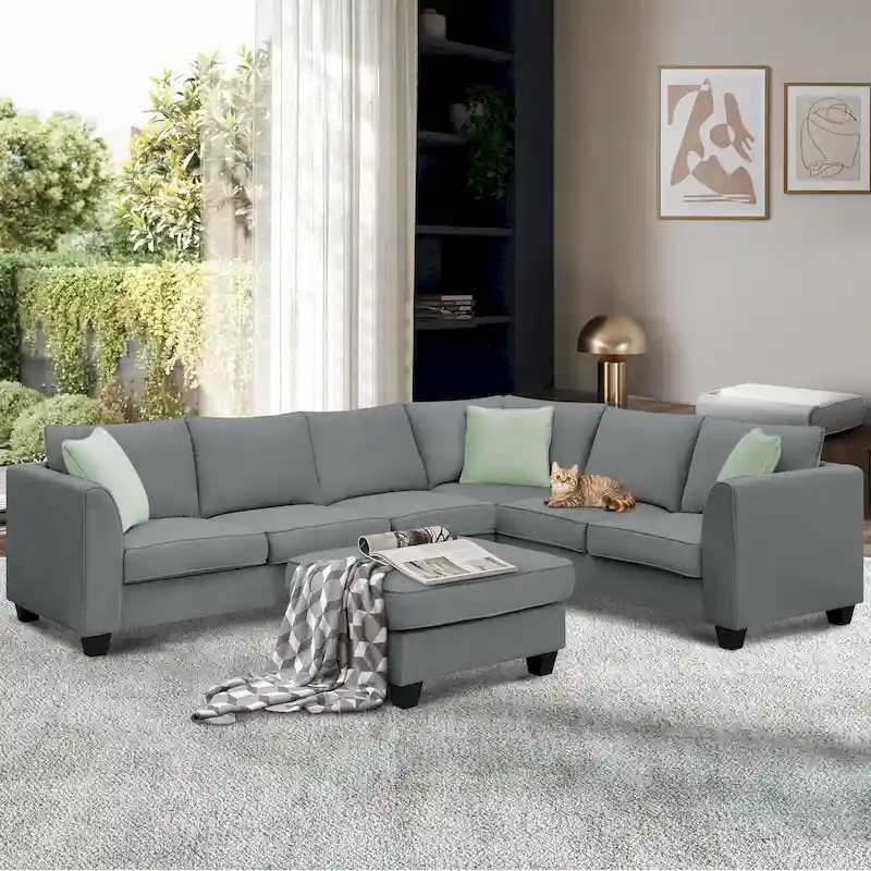 112*87 Sectional Sofa Couches Living Room Sets 7 Seats Modular Sectional Sofa with 3 Pillows, Grey