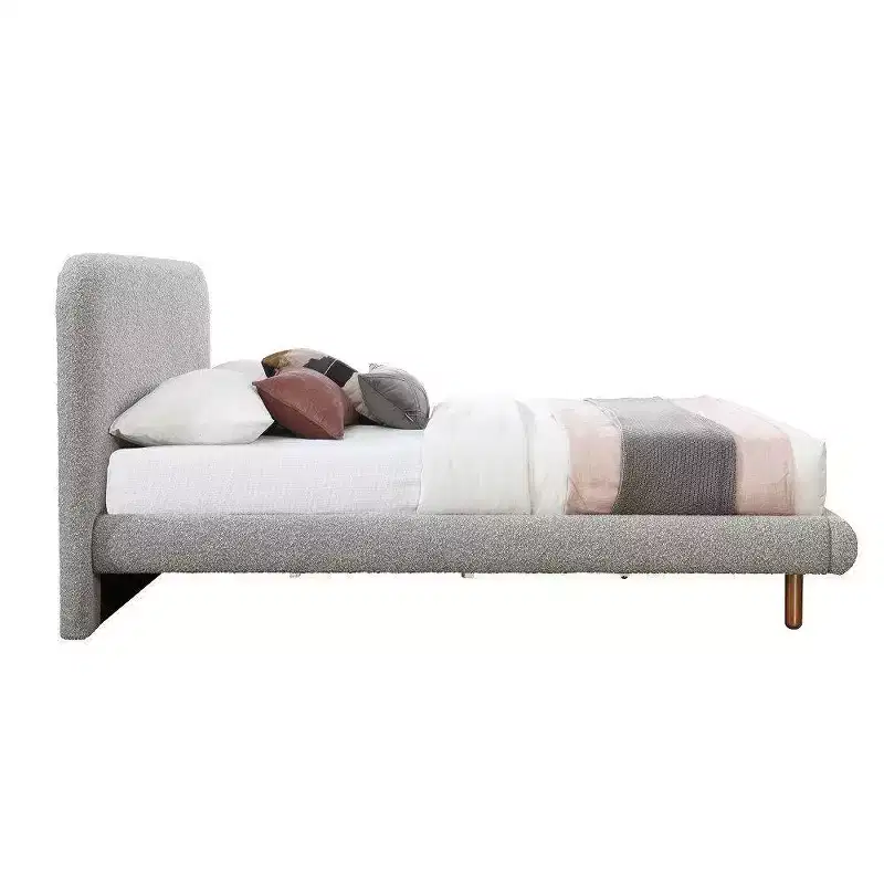 87.8" Eastern King Bed Cleo Bed Gray Boucle - Acme Furniture: Faux Shearling, Wood Frame, Curved Headboard