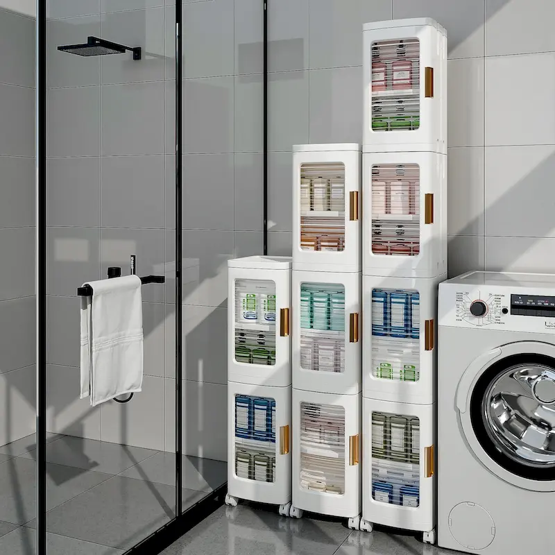 4-Tier Plastic Tall Narrow Storage Cabinet with Movable Wheels, Slim Bathroom Organizers and Storage for Small Space