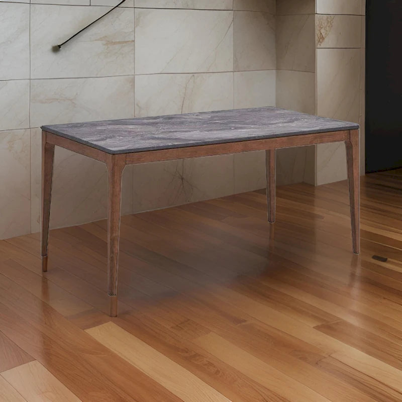 63-Inch Dining Table – Brown, Faux Stone Marble Grain Top, Walnut Base, Tapered Legs, Mid-Century Modern Style