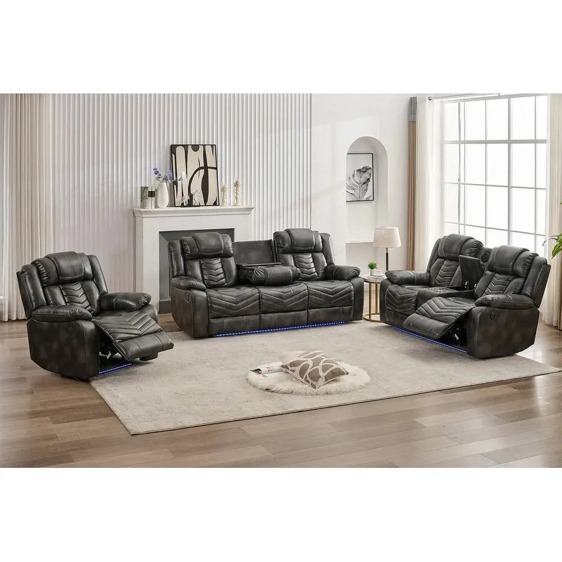 Power Recliner Sofa Set 6-Seater with Zero Gravity,Bass Speaker,Wireless Charger,USB/Type-C Ports,LED Lights,Cup Holders,Gray