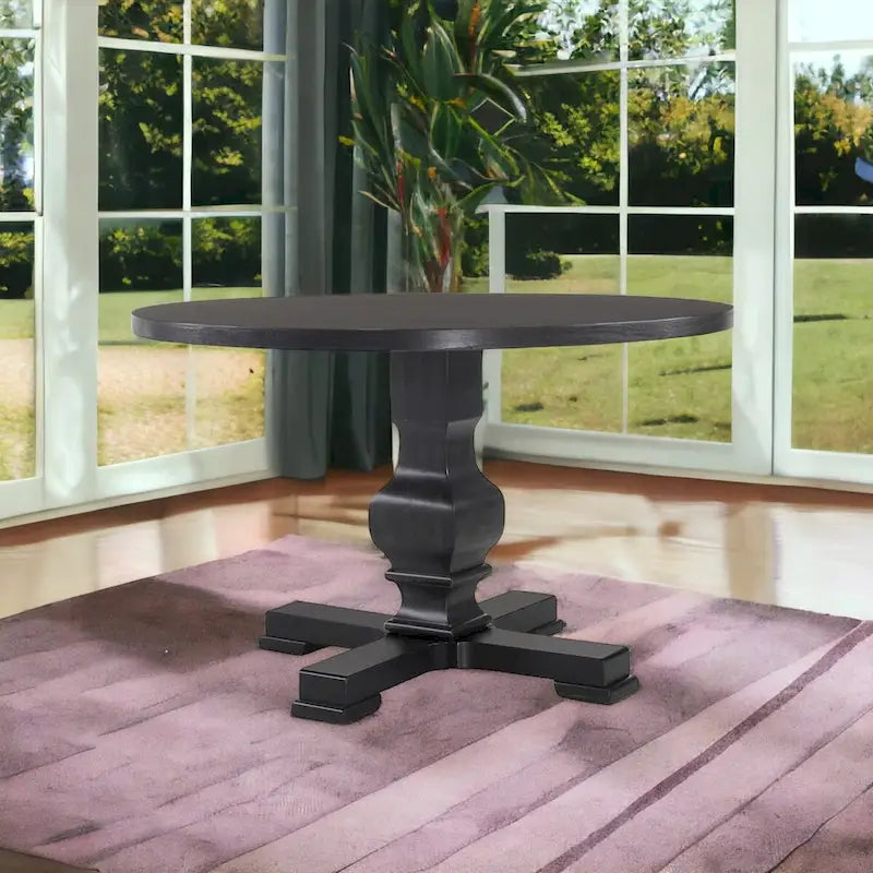 HomeRoots 47  Black Rounded Solid Wood Pedestal Base Dining Table