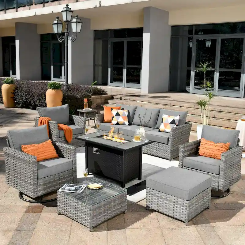HOOOWOOO 10-piece Rattan Wicker Sectional Sofa Patio Furniture Set with Fire Pit Table