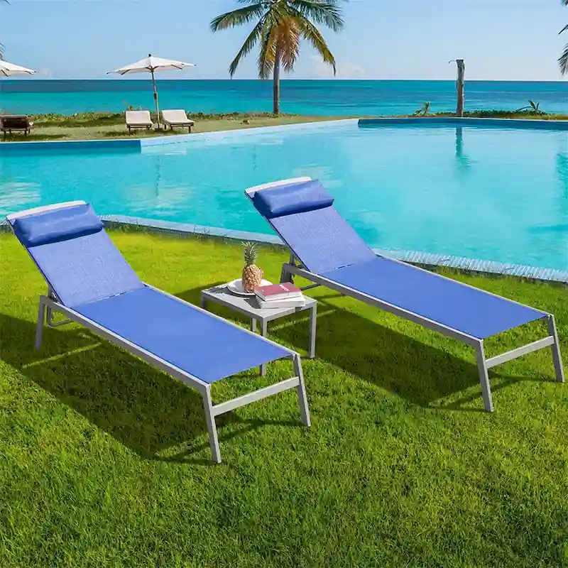 5 Adjustable Aluminum Outdoor 2 Chaise Lounge Chair with Pillow and 1 Table in Blue - N/A