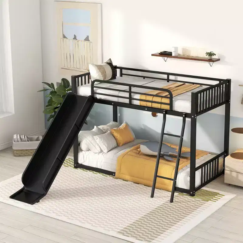 Whisen Modern Style Twin over Twin Metal Bunk Bed with Slide, Easy to Assemble