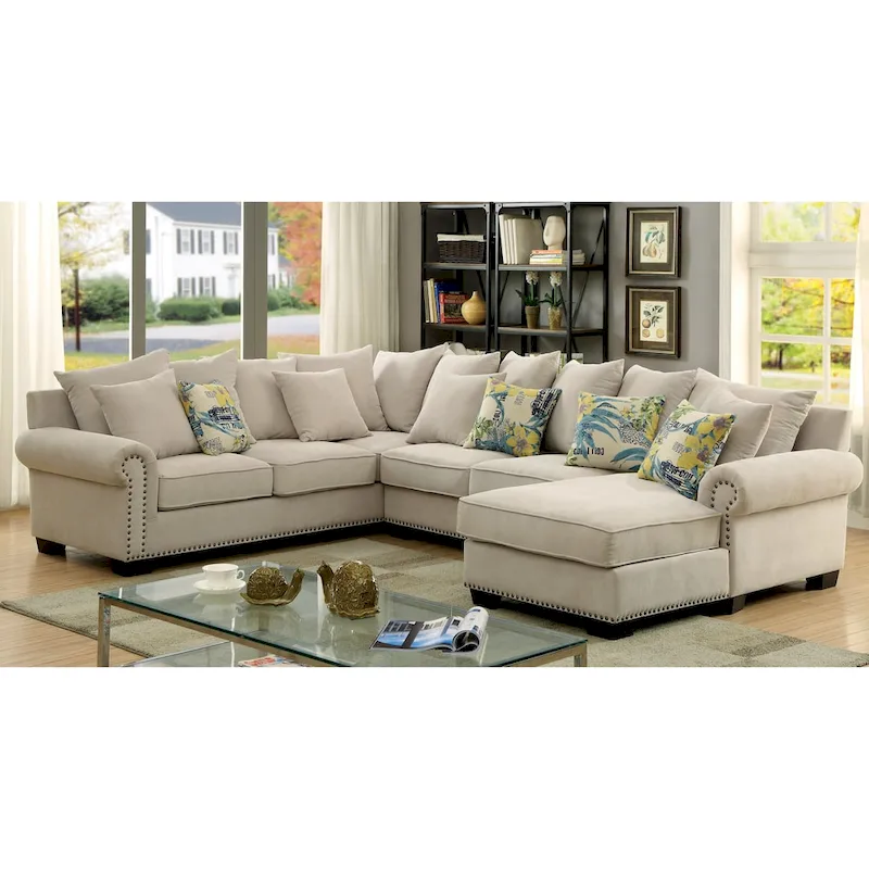 Riti Transitional Beige Fabric Upholstered Nailhead Sectional by Furniture of America