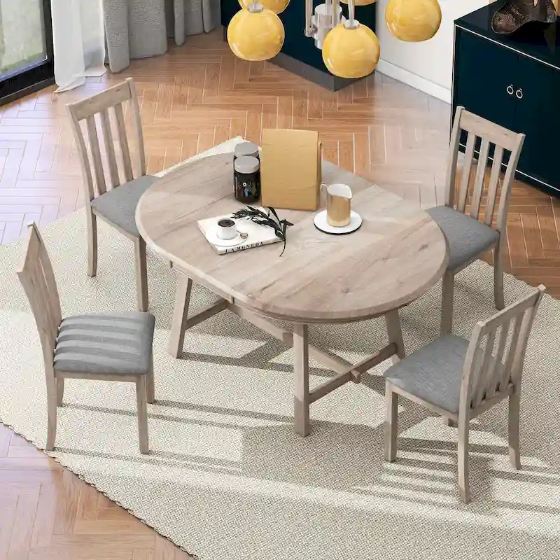 Wood Dining Table with Round Extendable Table with 4 Chairs