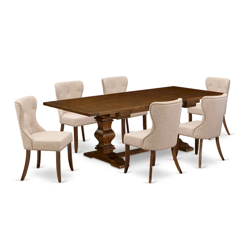 East West Furniture Dining Table Set- a Rectangle Dinner Table and Light Tan Linen Fabric Chairs, (Pieces Option)