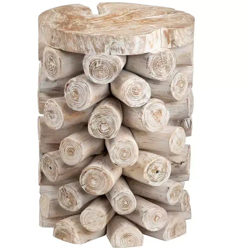 Round Tan Solid Wood Accent End Table