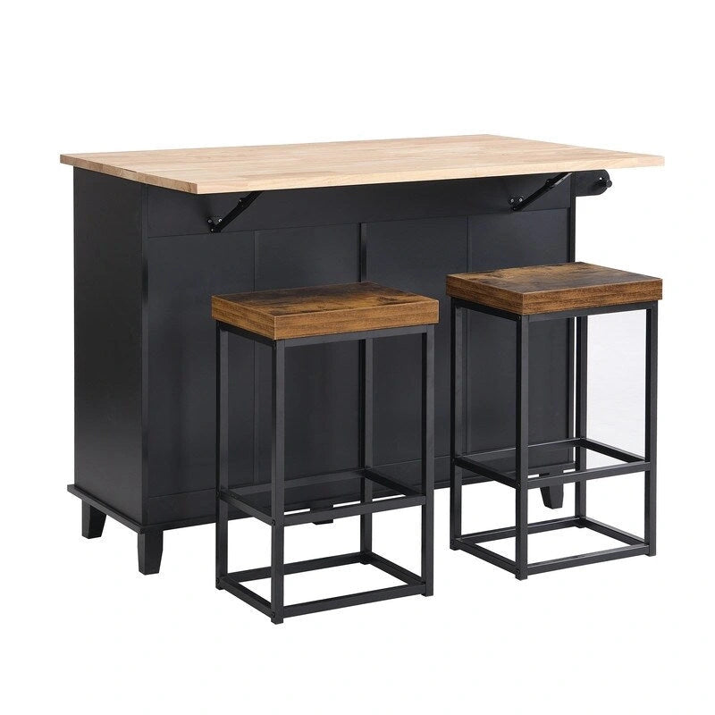 Farmhouse-Style Kitchen Island Set with Drop-Leaf Table, Two Seats, Storage Cabinet, Drawers, and Towel Rack