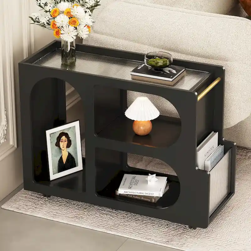 31.5 Modern Mobile End Table with 5mm Thick Fluted Tempered Glass, Lockable Wheels and Golden Round Rod