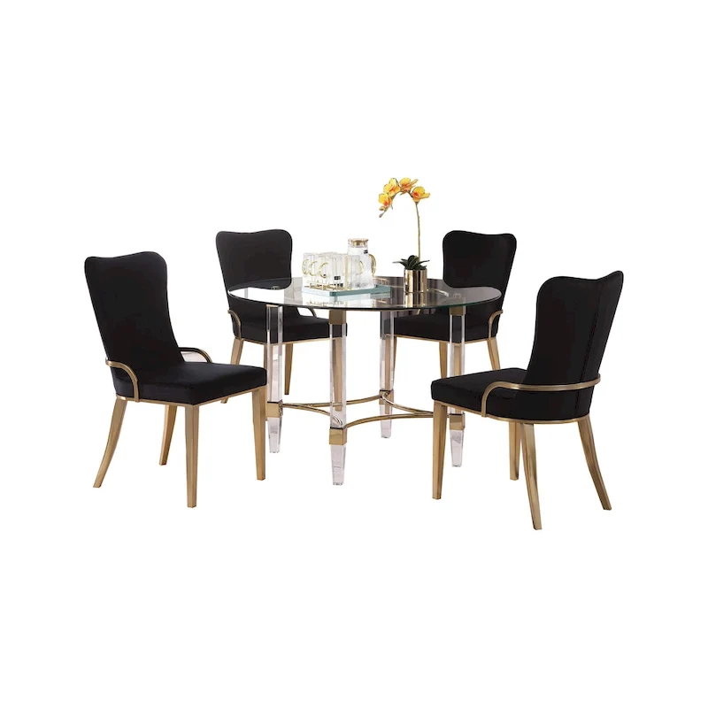 Somette Ridley Gold 5-Piece Round Glass/Acrylic Dining Set with Black Chairs