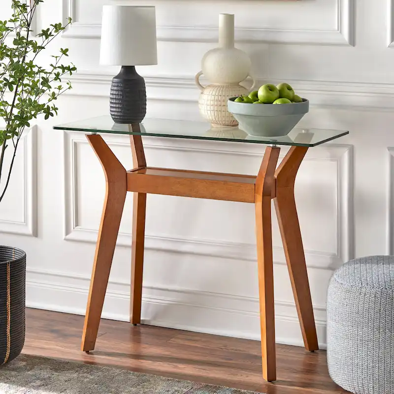 Mid-Century Walnut Sofa Table with Glass Top