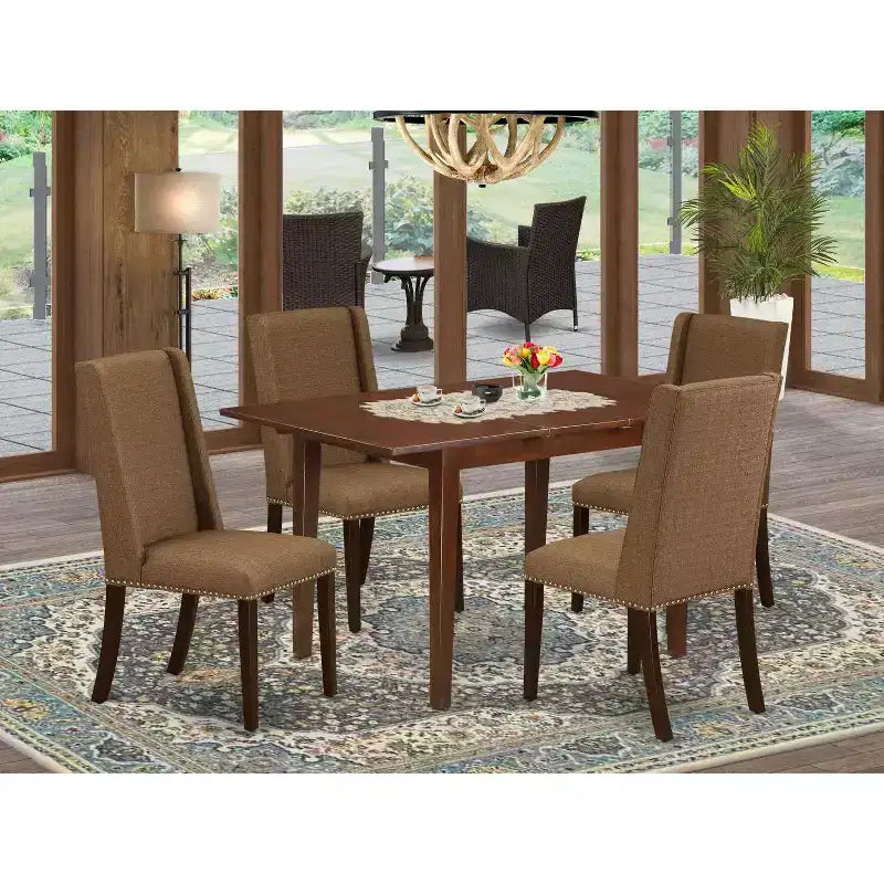 HomeStock 5-Piece Mahogany Finish Solid Wood Top Dining Table with 4 Parson Chair with Butterfly Leaf