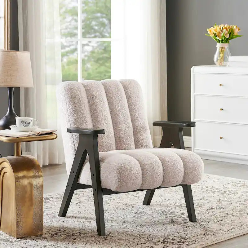 Roundhill Furniture Rella Modern Teddy Sherpa Fabric Accent Chair with Espresso Wood Frame