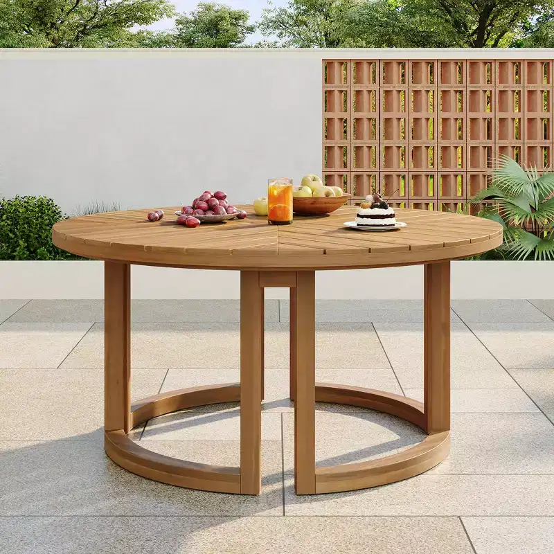 Whisen Outdoor 59 Round Patio Dining Table with Umbrella Hole, Acacia Wood, Hollow Spliced Top, Sturdy Legs