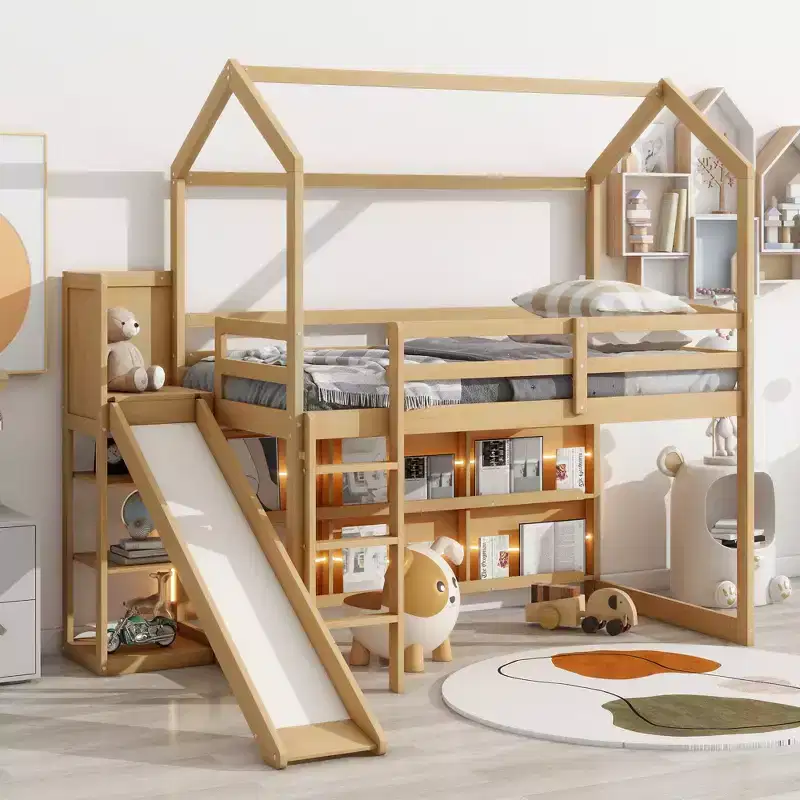 Whisen 96.1''L x 70.7''W Twin Size Wood House Loft bed with Slide, Storage shelves and Light, Safety Guaranteed