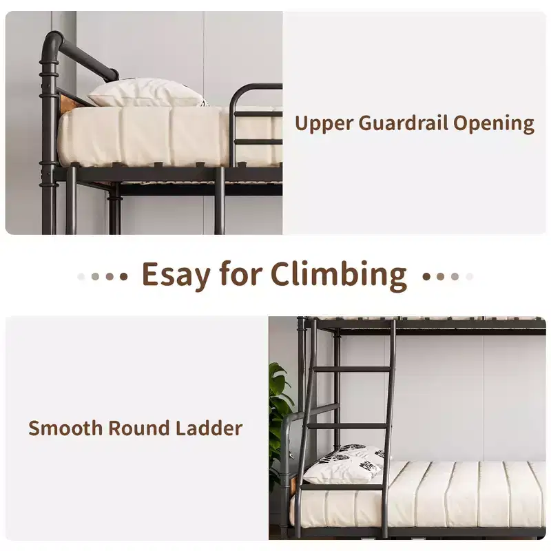 Wood-Grain Metal Twin Over Full Bunk Bed - Heavy Duty Steel Frame, High Guardrails for Safety, Space-Saving for Kids/Teens/Adults, Easy Assembly