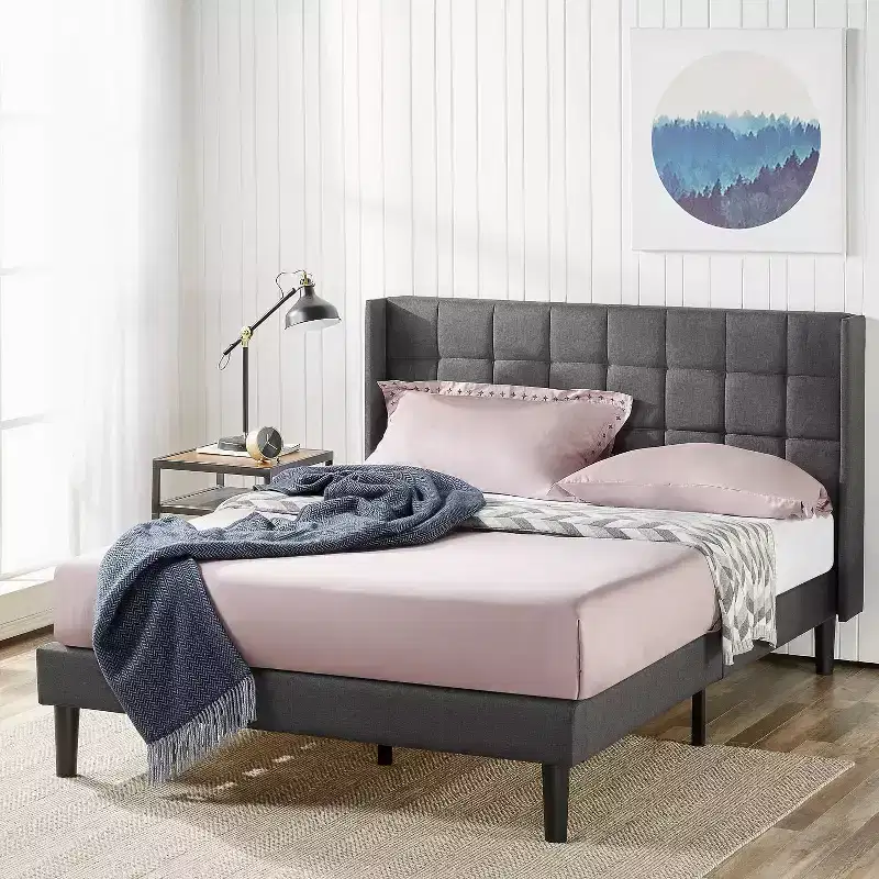 Dori Upholstered Platform Bed Frame with Wingback Headboard Gray - Zinus