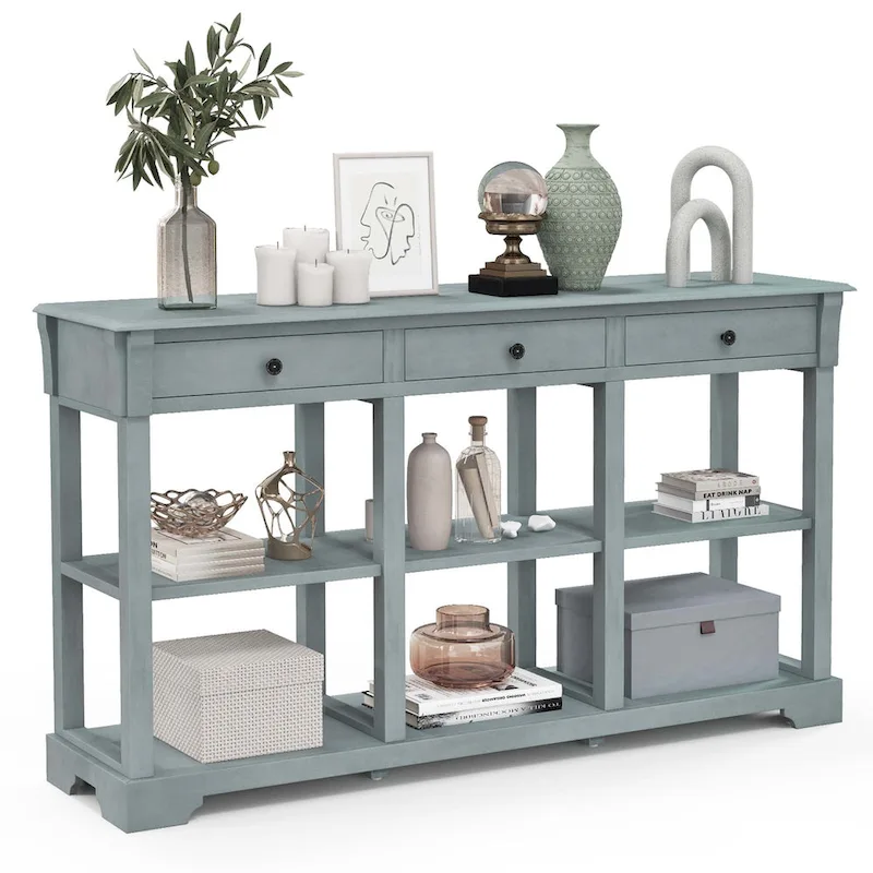 58 Retro Console Sofa Table with 3 Drawers and 2-Tier Open Shelf