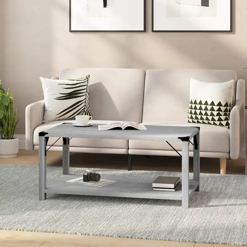 2-Tier Coffee Table with Metal Side Braces and Corner Caps