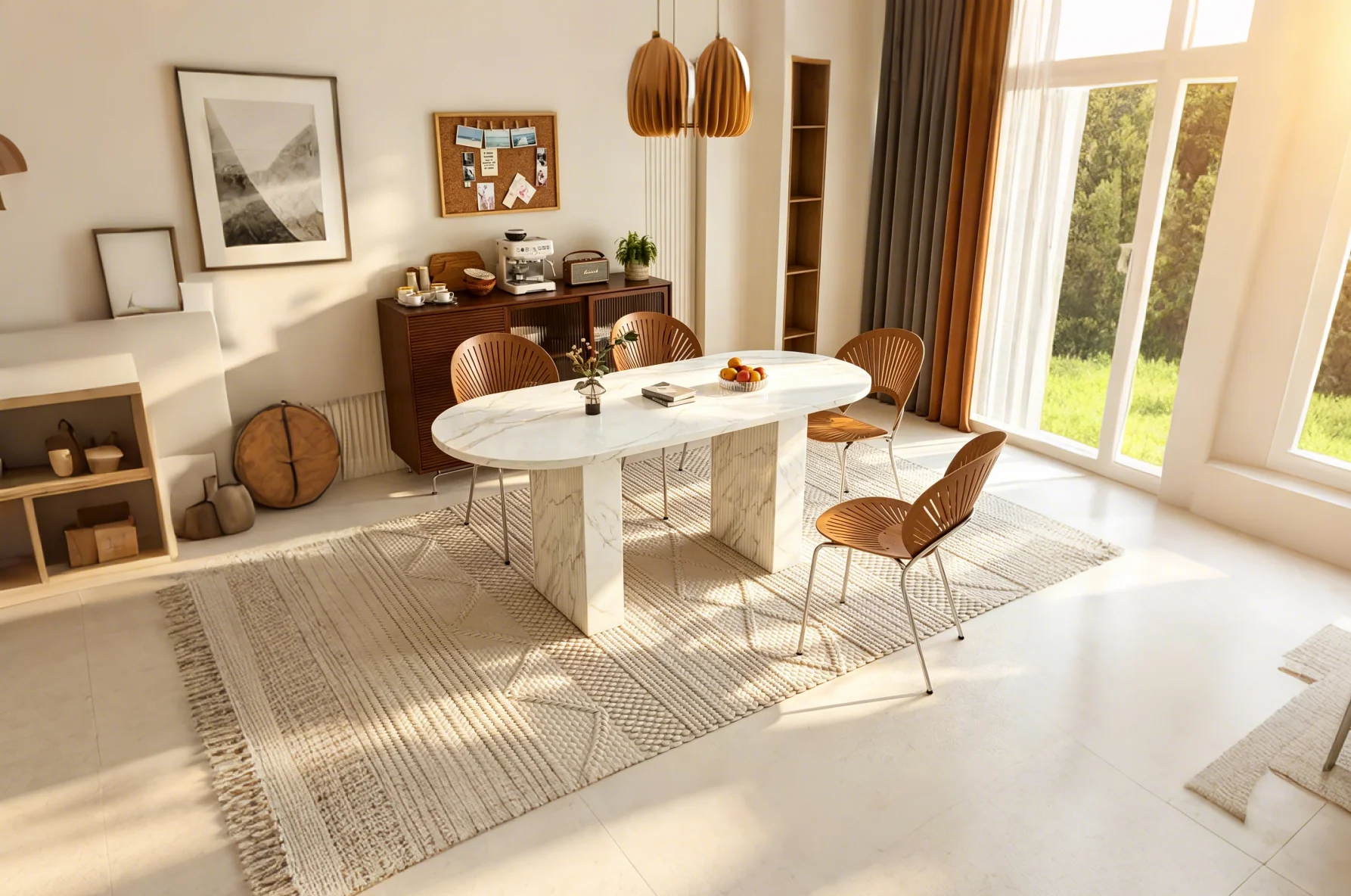 62.9" Oval Dining Table for 6, Marble Top Kitchen Table, Wood Strip Base, Waterproof Scratch-Resistant Surface, White
