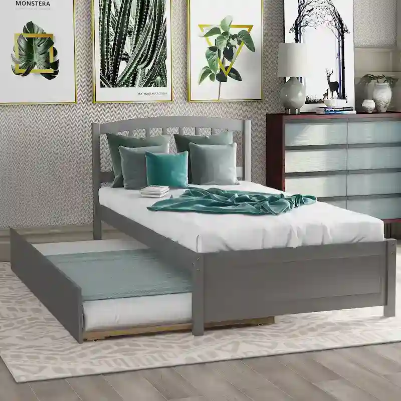 Twin Pine Platform Bed with Trundle & Slat Headboard